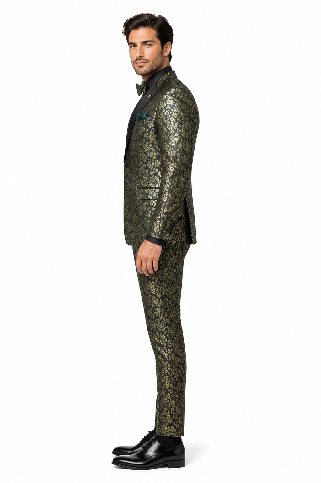 Emerald Green and Gold Floral Tuxedo Suit for Men Perfect Prom or Wedding Suit