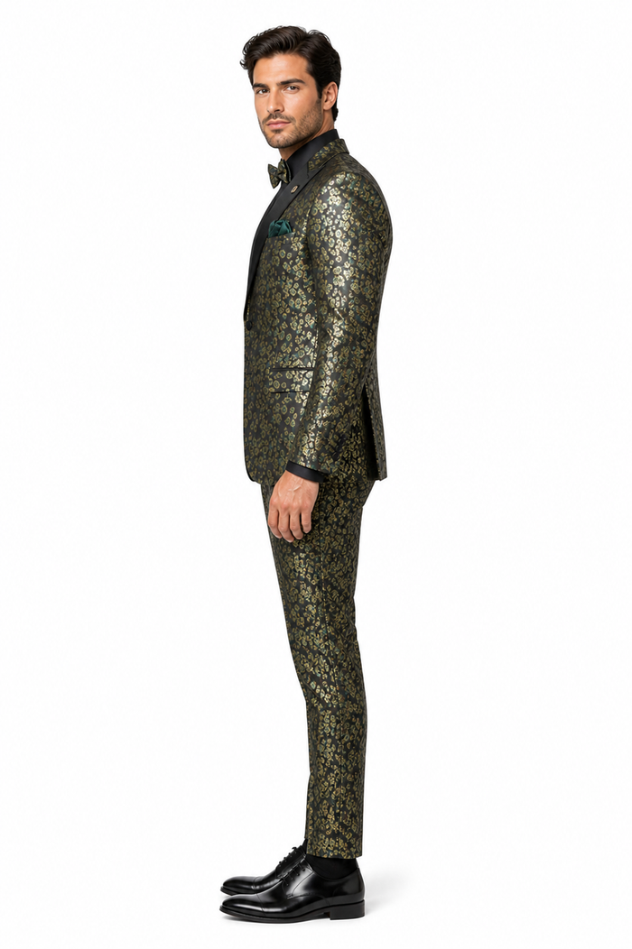 Emerald Green and Gold Floral Tuxedo Suit for Men Perfect Prom or Wedding Suit
