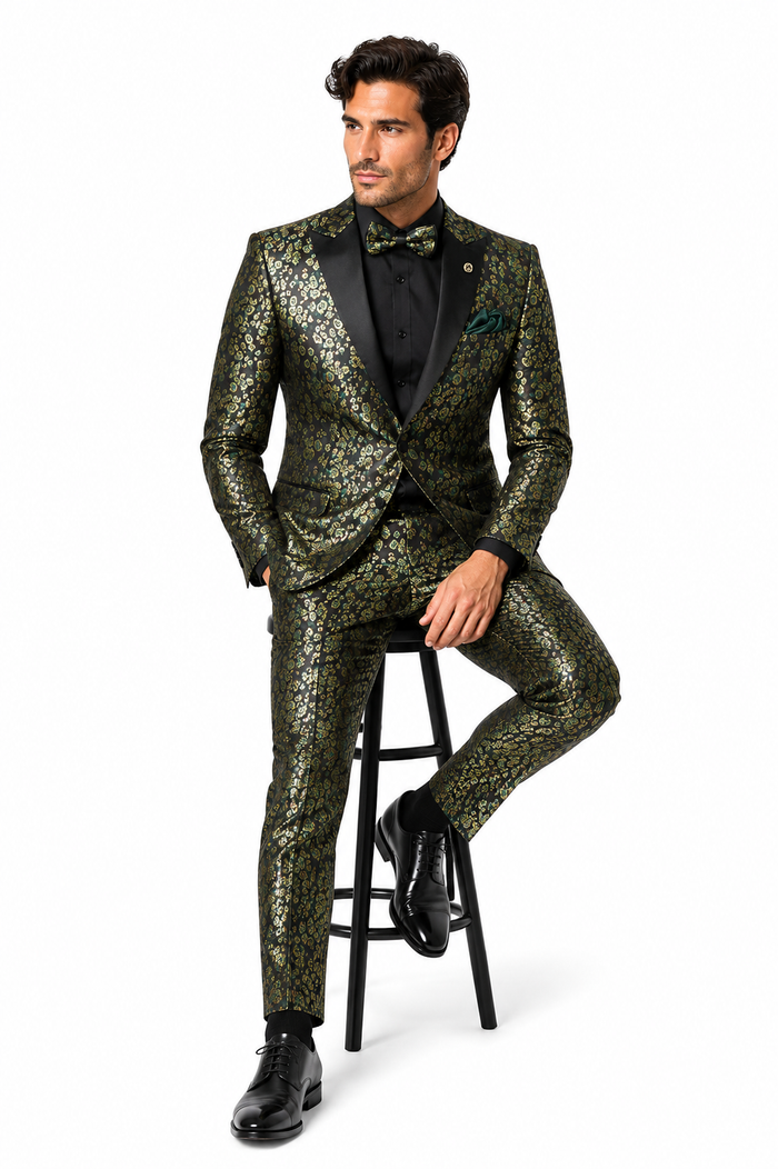 Emerald Green and Gold Floral Tuxedo Suit for Men Perfect Prom or Wedding Suit