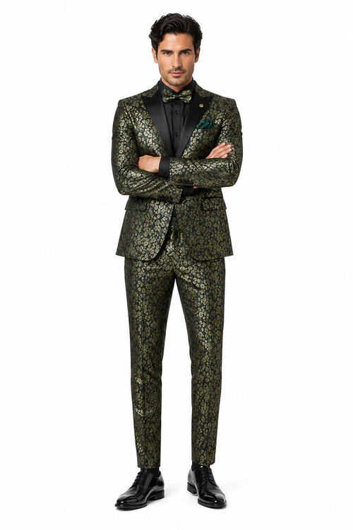 Emerald Green and Gold Floral Tuxedo Suit for Men Perfect Prom or Wedding Suit