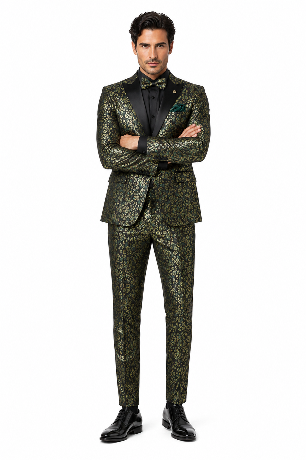 Emerald Green and Gold Floral Tuxedo Suit for Men Perfect Prom or Wedding Suit
