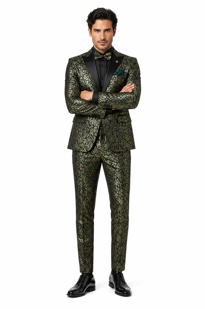 Emerald Green and Gold Floral Tuxedo Suit for Men Perfect Prom or Wedding Suit