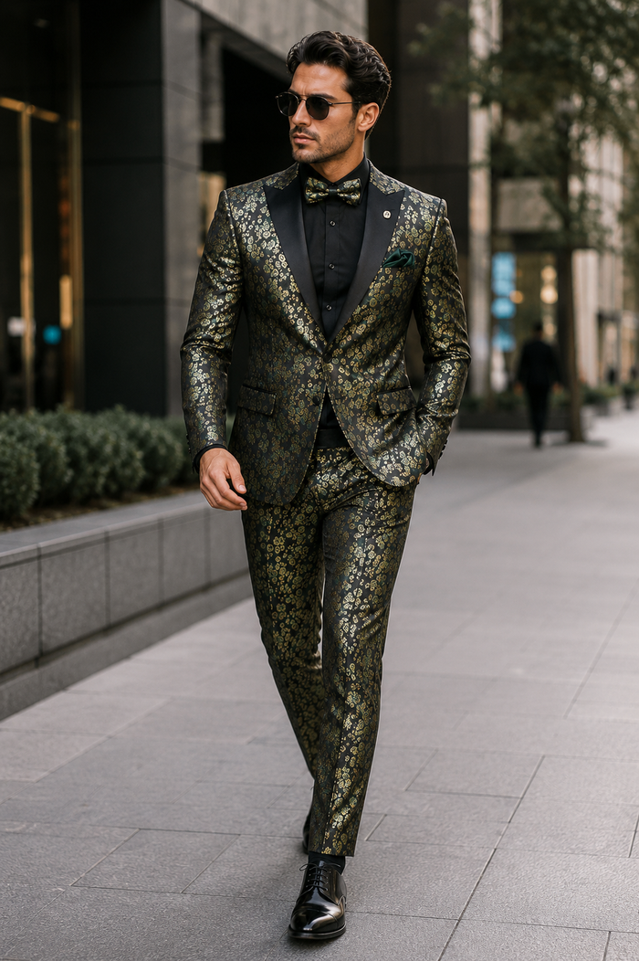 Emerald Green and Gold Floral Tuxedo Suit for Men Perfect Prom or Wedding Suit