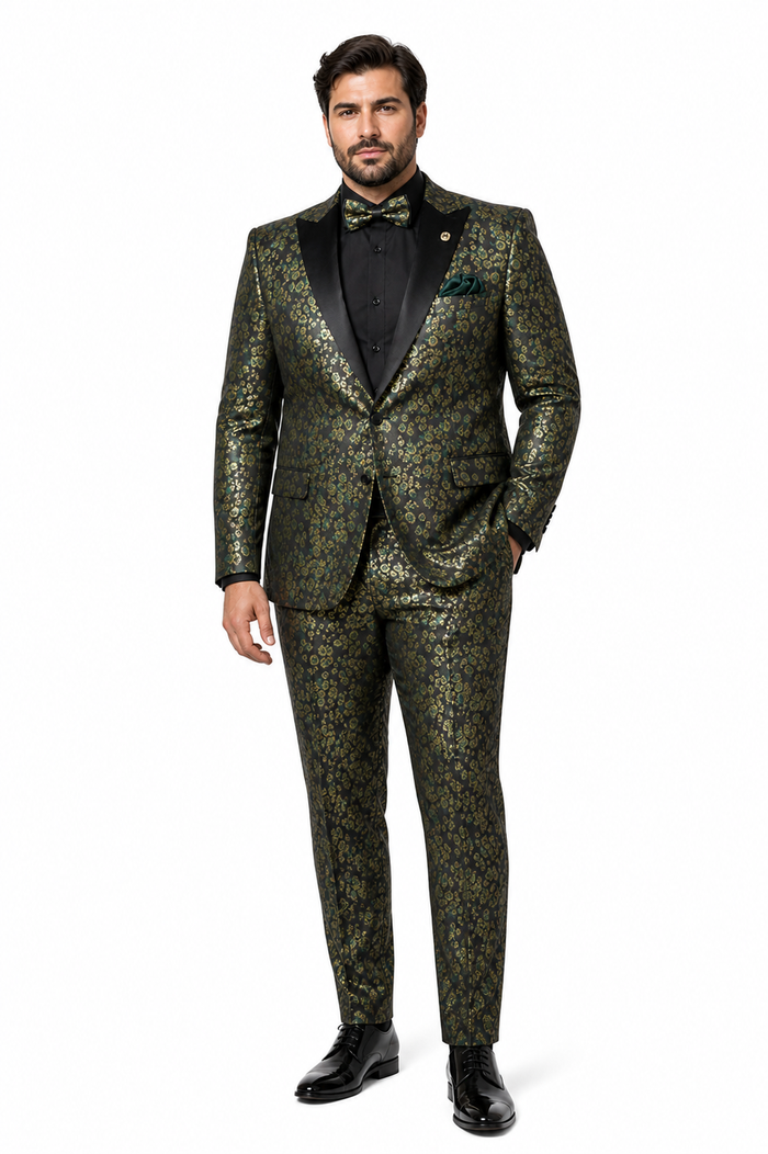 Emerald Green and Gold Floral Tuxedo Suit for Men Perfect Prom or Wedding Suit