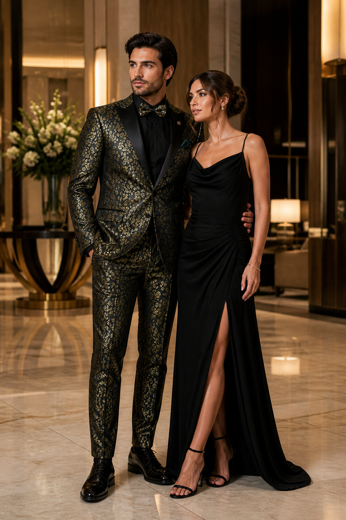 Emerald Green and Gold Floral Tuxedo Suit for Men Perfect Prom or Wedding Suit