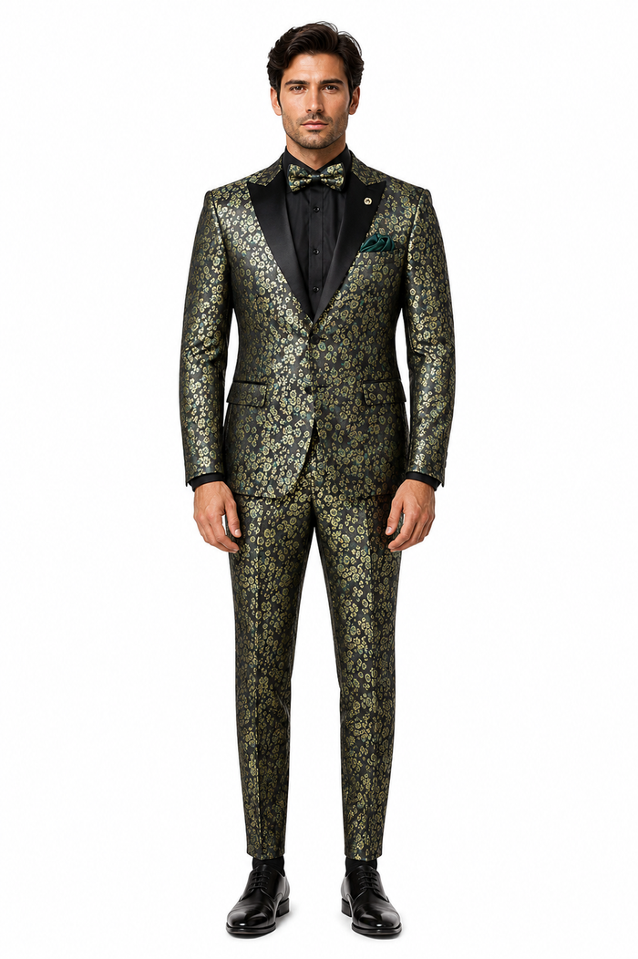 Emerald Green and Gold Floral Tuxedo Suit for Men Perfect Prom or Wedding Suit