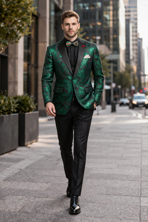 Emerald Green Paisley Tuxedo Suit - Prom Floral Tuxedo Suit - Groom Wedding Suit