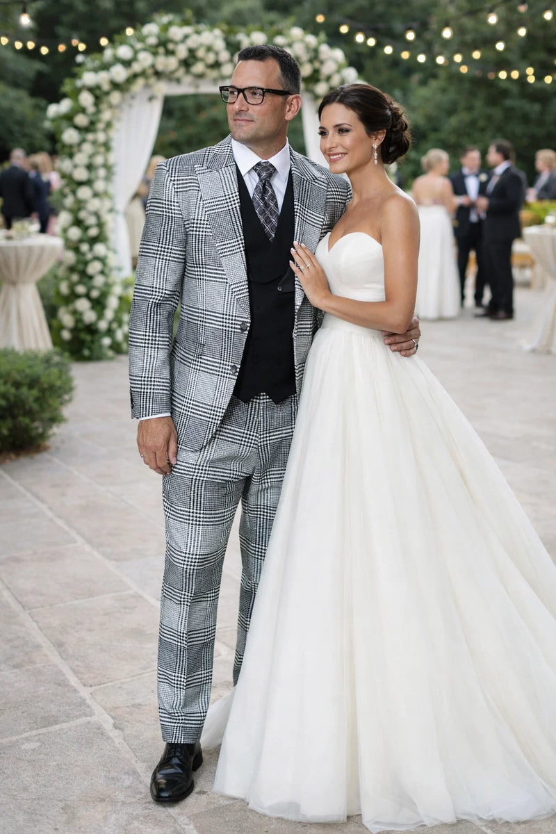 Statement Men’s 3-Piece Plaid Wool Suit – 100% Wool Modern Fit with Peak Lapel