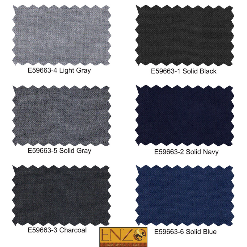 Enzo 150 S super wool fabric samples in six solid colors: light gray, black, navy, gray, charcoal, and blue. Features a textured finish.