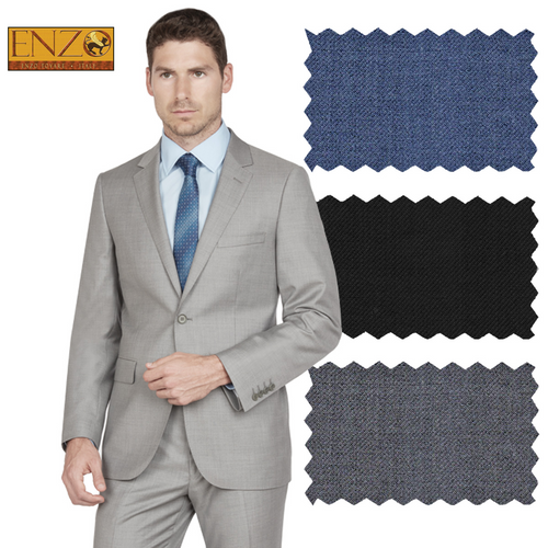 Enzo 150 S super wool suit in light gray with 2-button design and notch lapel for a tailored fit. Includes dark denim blue, solid black, and textured gray fabric swatches.