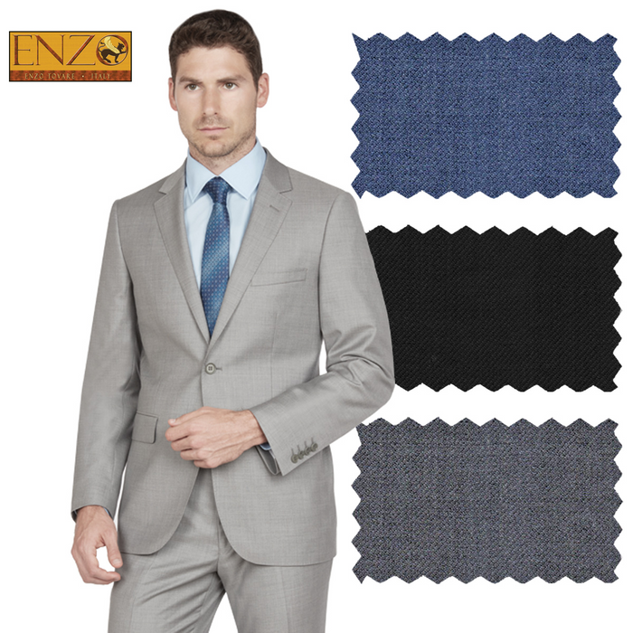 Enzo 150 S super wool suit in light gray with 2-button design and notch lapel for a tailored fit. Includes dark denim blue, solid black, and textured gray fabric swatches.
