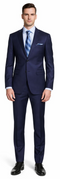 Enzo 150 S Super Wool suit: Slim-fit, dark navy, 2-button jacket with notched lapel. Straight-leg trousers. Smooth wool fabric with a subtle sheen. Structured, clean lines, fitted silhouette.