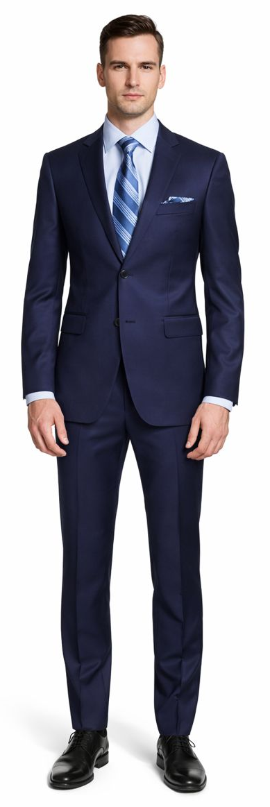 Enzo 150 S Super Wool suit: Slim-fit, dark navy, 2-button jacket with notched lapel. Straight-leg trousers. Smooth wool fabric with a subtle sheen. Structured, clean lines, fitted silhouette.