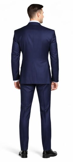 Navy Enzo 150 S Super Wool suit. Tailored fit, 2-button, solid navy. Features a smooth, structured silhouette, single vent, and tapered pants. Lustrous wool blend fabric.