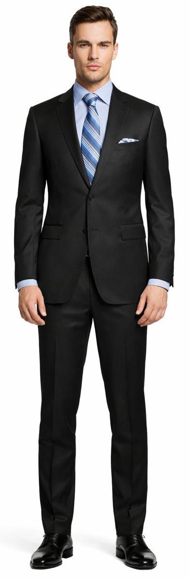 Enzo 150 S super wool suit in solid black. Two-button design, tailored fit, and smooth texture. Includes matching black trousers for a structured look.
