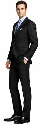 Enzo 150 S Super Wool suit in black. Tailored fit, 2-button closure, notch lapels, and side pockets. Straight-leg trousers. Light blue shirt and patterned tie add contrast.
