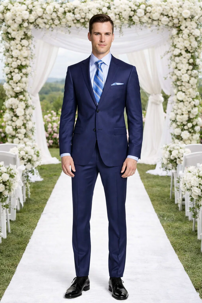 Enzo 150 S Super Wool suit: navy, two-button design. Smooth, structured fabric. Includes matching slim-fit trousers.
