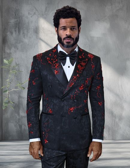 Statement men's 2 piece modern fit double breasted tuxedo features a structured design with a black base and ornate red floral patterns. The tuxedo has a peaked lapel, double-breasted front, and is paired with a white dress shirt and black bow tie.
