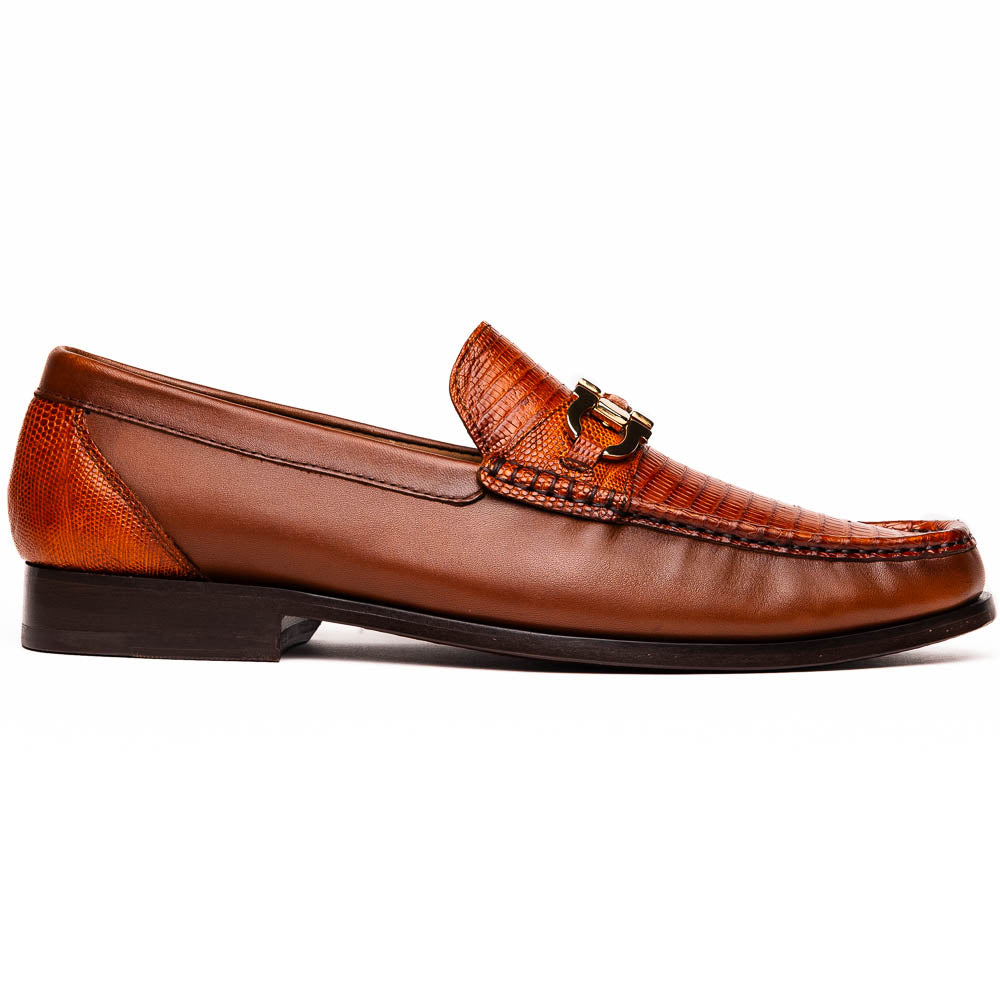 Cognac lizard Enzo loafers by Marco Di Milano. Slip-on design, rounded toe, textured lizard skin upper. Metal bit detail on vamp. Low, solid heel.
