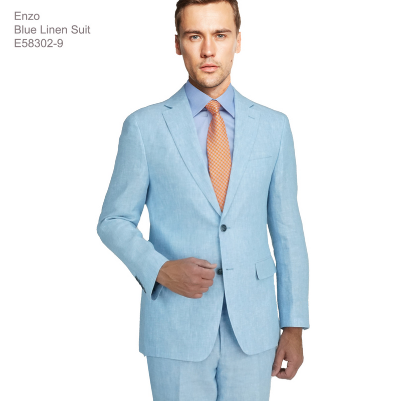 Enzo blue linen suit in light blue. Made from linen with a structured form, notched lapel, and two-button closure. Includes matching tailored trousers.
