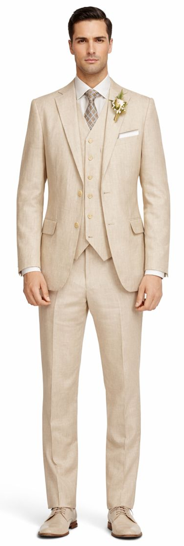 Light beige linen suit: jacket (2 pockets, 1 button), vest (4 buttons, pocket), slim-fit pants. Natural linen texture. Clean, minimal design. Light-colored shoes recommended.