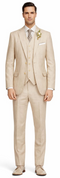 Light beige linen suit: jacket (2 pockets, 1 button), vest (4 buttons, pocket), slim-fit pants. Natural linen texture. Clean, minimal design. Light-colored shoes recommended.