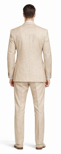 Beige linen suit: tailored jacket and trousers. Jacket: straight cut, single vent, smooth finish. Trousers: straight-legged, classic fit. Perfect for summer.
