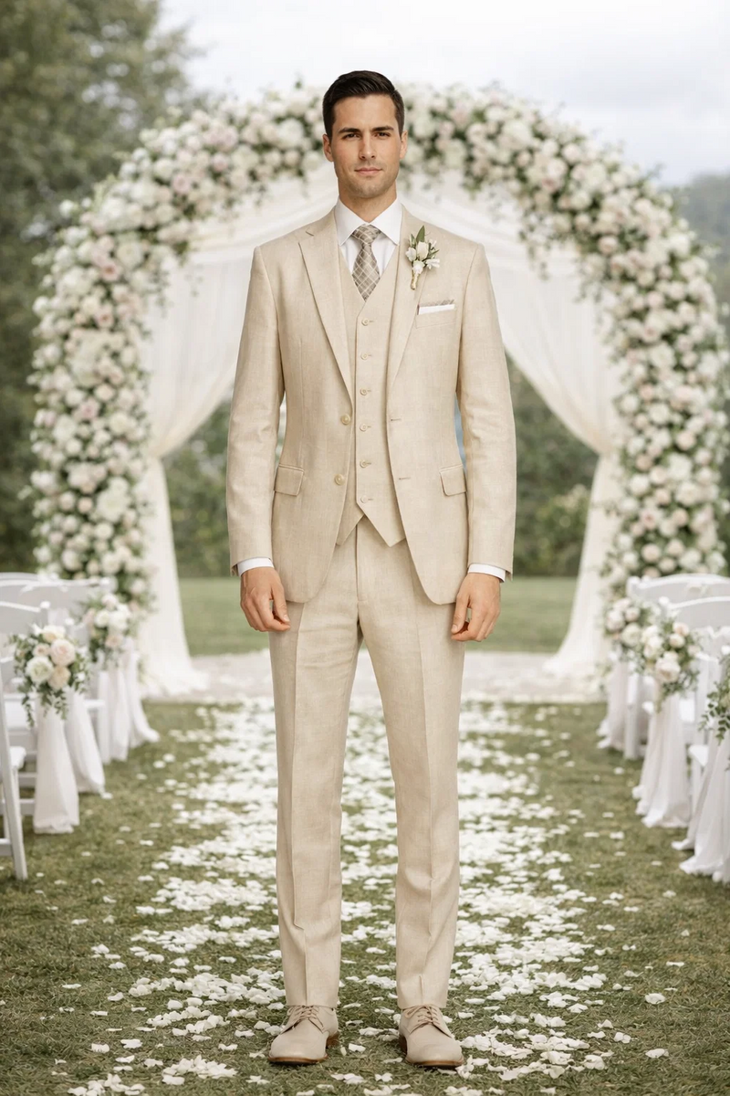 Light beige linen three-piece suit. Tailored fit with single-breasted jacket, notch lapels, button-up front, straight-leg trousers, and waistcoat. Includes pocket square, boutonnière, and matching shoes.
