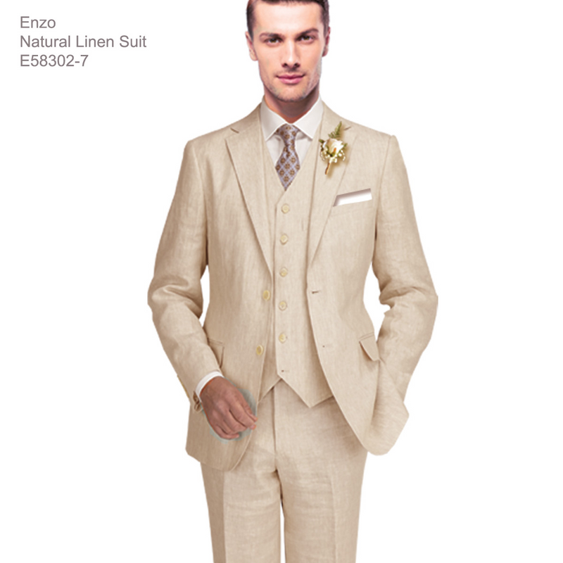 Enzo linen suit: light beige, three-piece. Single-breasted jacket with notch lapel. Five-button waistcoat. Trousers with straight leg, flat front. All made from natural linen.
