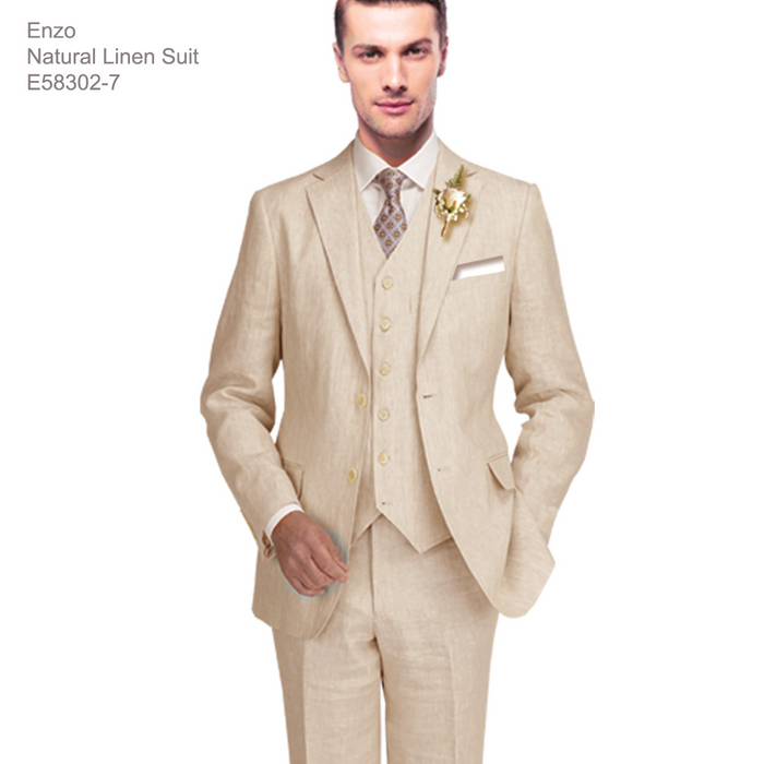 Enzo linen suit: light beige, three-piece. Single-breasted jacket with notch lapel. Five-button waistcoat. Trousers with straight leg, flat front. All made from natural linen.
