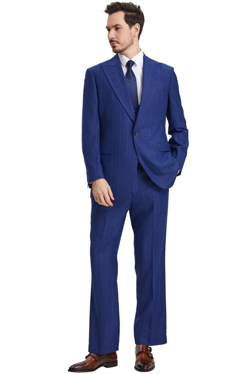 Men's Stacy Adams suit: Blue windowpane plaid, smooth fabric. Peak lapel jacket, single-button closure, straight-leg pants. Matching vest creates a coordinated, three-piece ensemble.
