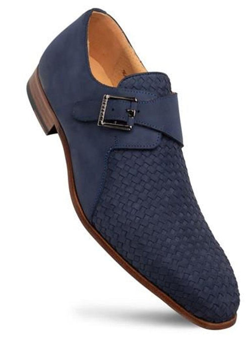 Mezlan Blue Woven Detailed Suede Monk Strap Shoes Ayllon