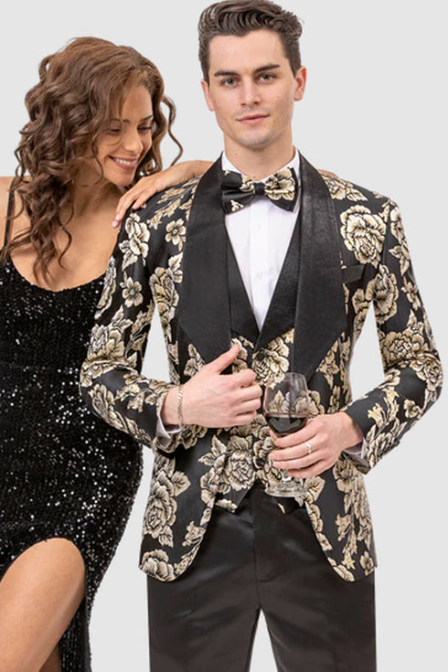 "Black & Gold Paisley Prom 2025 Tuxedo with Vest - Men's Formal Wear"