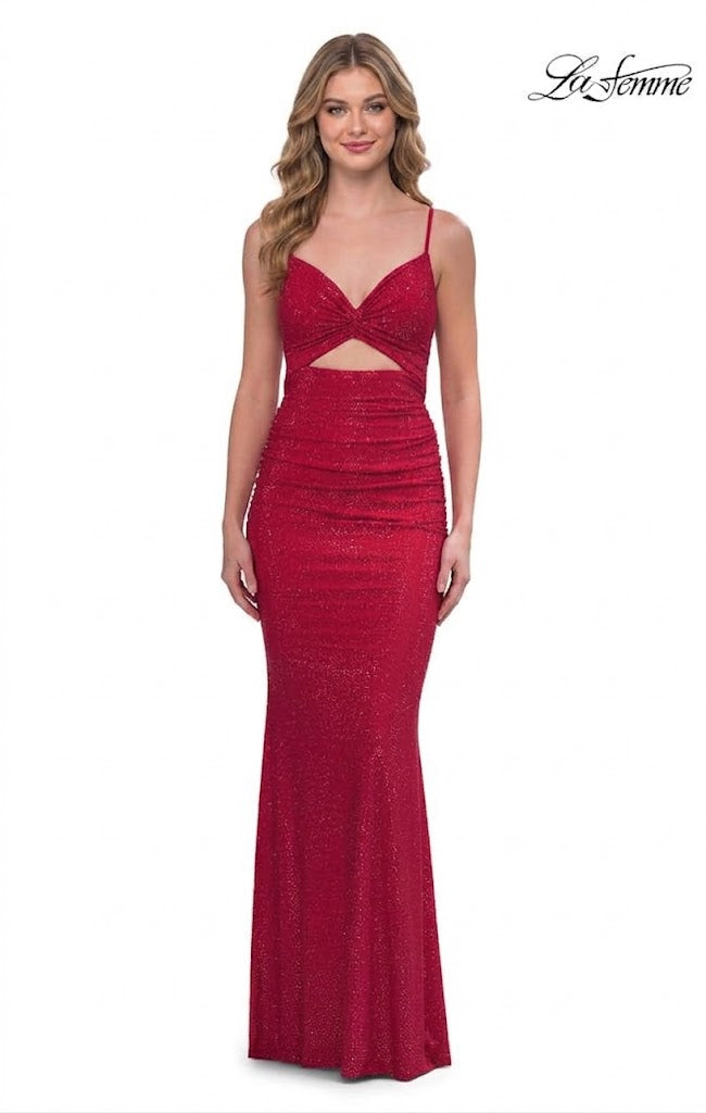 La Femme 33338 V-Neck Embellished Cutout Sheath Dress