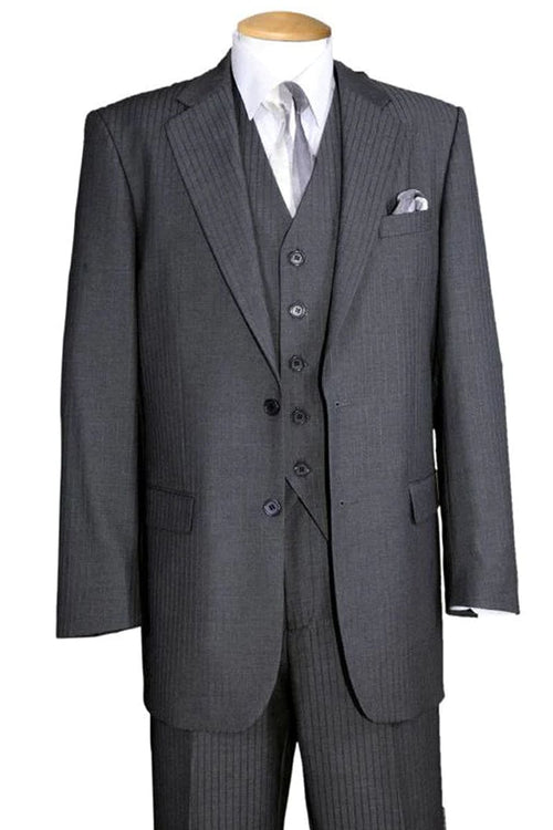 "Grey Pinstripe Wool Feel - Designer Brand Men's Suit with 2 Button Vest"
