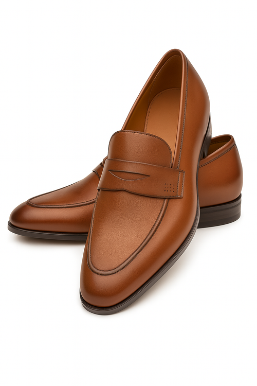 Mezlan Fabrizi penny loafers in cognac calfskin. Sleek design with rounded toe and decorative vamp strap. Smooth finish, subtle stitching, and dark brown soles. Streamlined and elegant.

