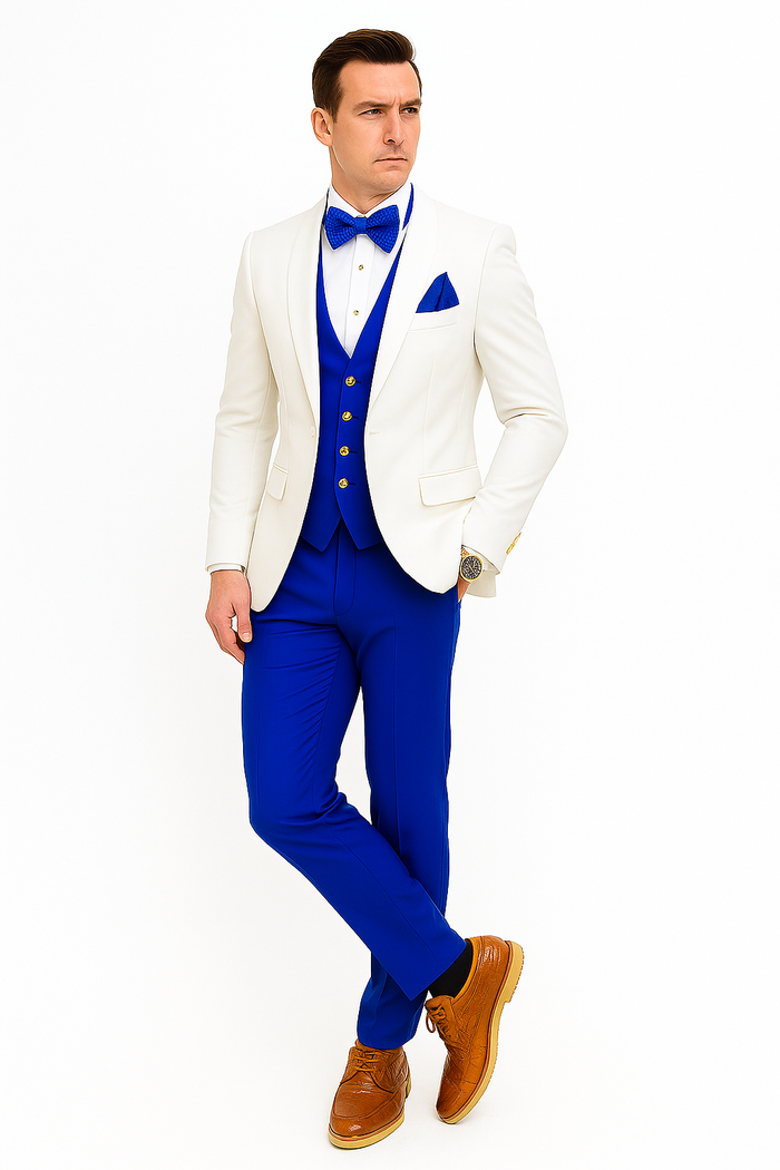 White and Royal Blue Wedding Suit – White Dinner Jacket, Vest, Pants & Bow Tie