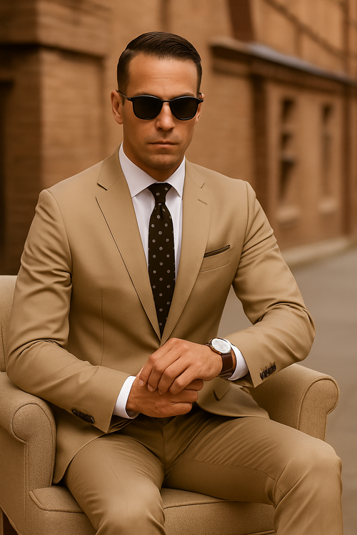 Khaki cotton suit with a tailored fit. Features a single-breasted jacket, matching trousers, and a subtle shine. Includes a notch lapel, single chest pocket, and a black polka-dot tie over a white shirt. Trousers taper at the ankle.
