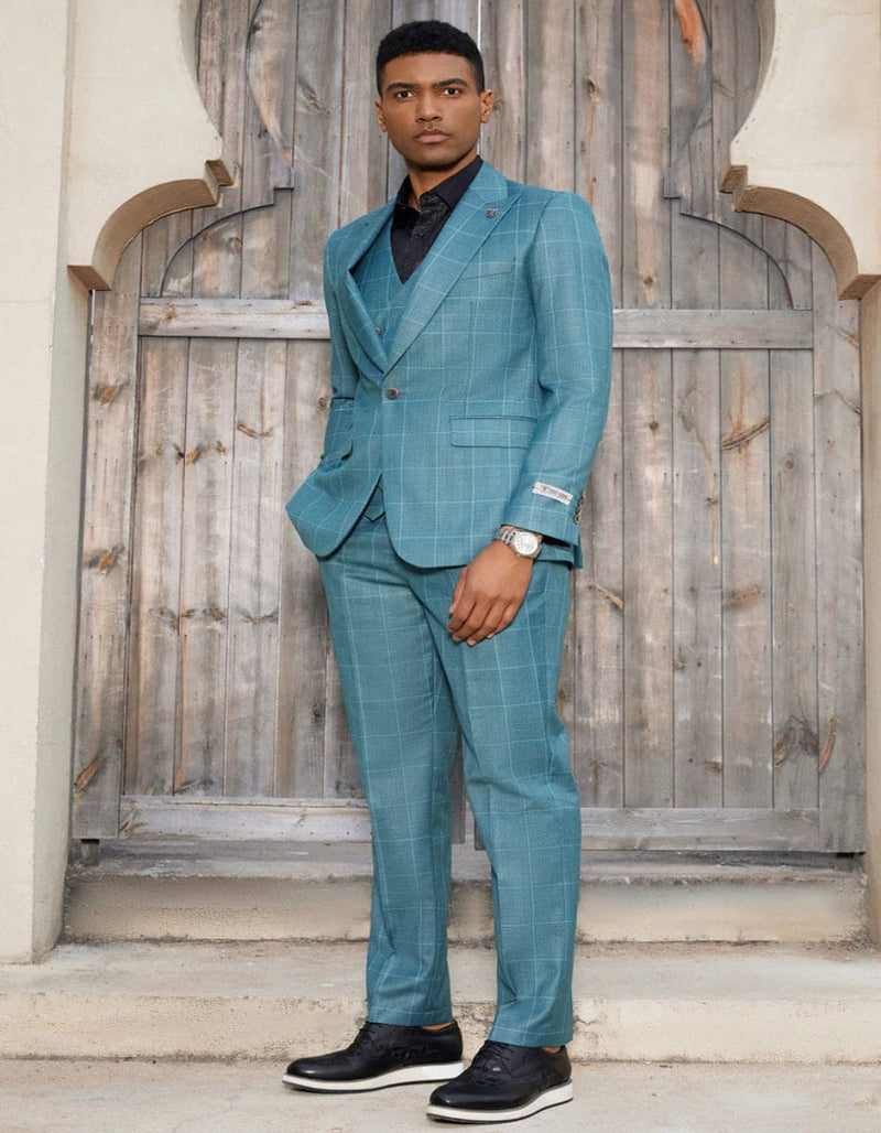 "Mens Stacy Adams Suit - Stacy Adams Suit Men's Teal Windowpane Suit - One Button Peak Lapel with Double Breasted Vest" Teal and Turquoise Prom Suits