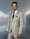 Men's three-piece suit in a light beige color, made from 100% wool. The suit features a subtle texture, with a tailored fit, including a single-breasted jacket, a waistcoat, and trousers. The jacket has notch lapels and a pocket square in a dark pattern.