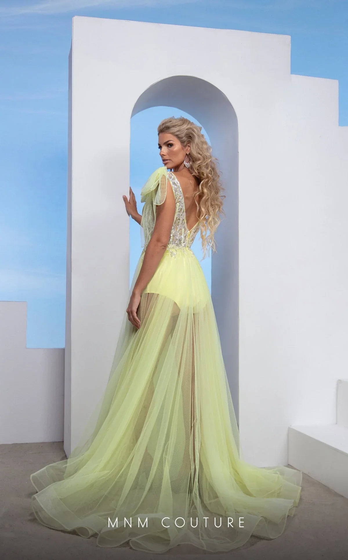 MNM Couture M0080 Draped V-Neck Sheer A-Line Gown in Yellow
