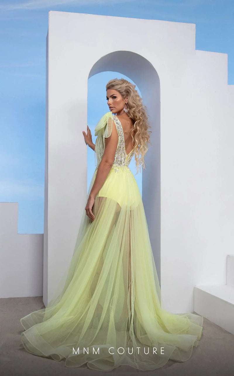 MNM Couture M0080 Draped V-Neck Sheer A-Line Gown in Yellow