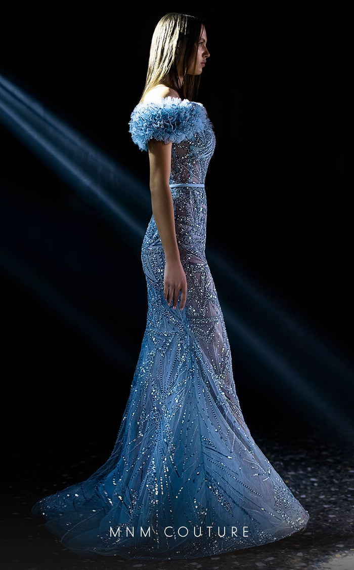 MNM Couture K3963 Blue Off-Shoulder Floral Sleeve Gown