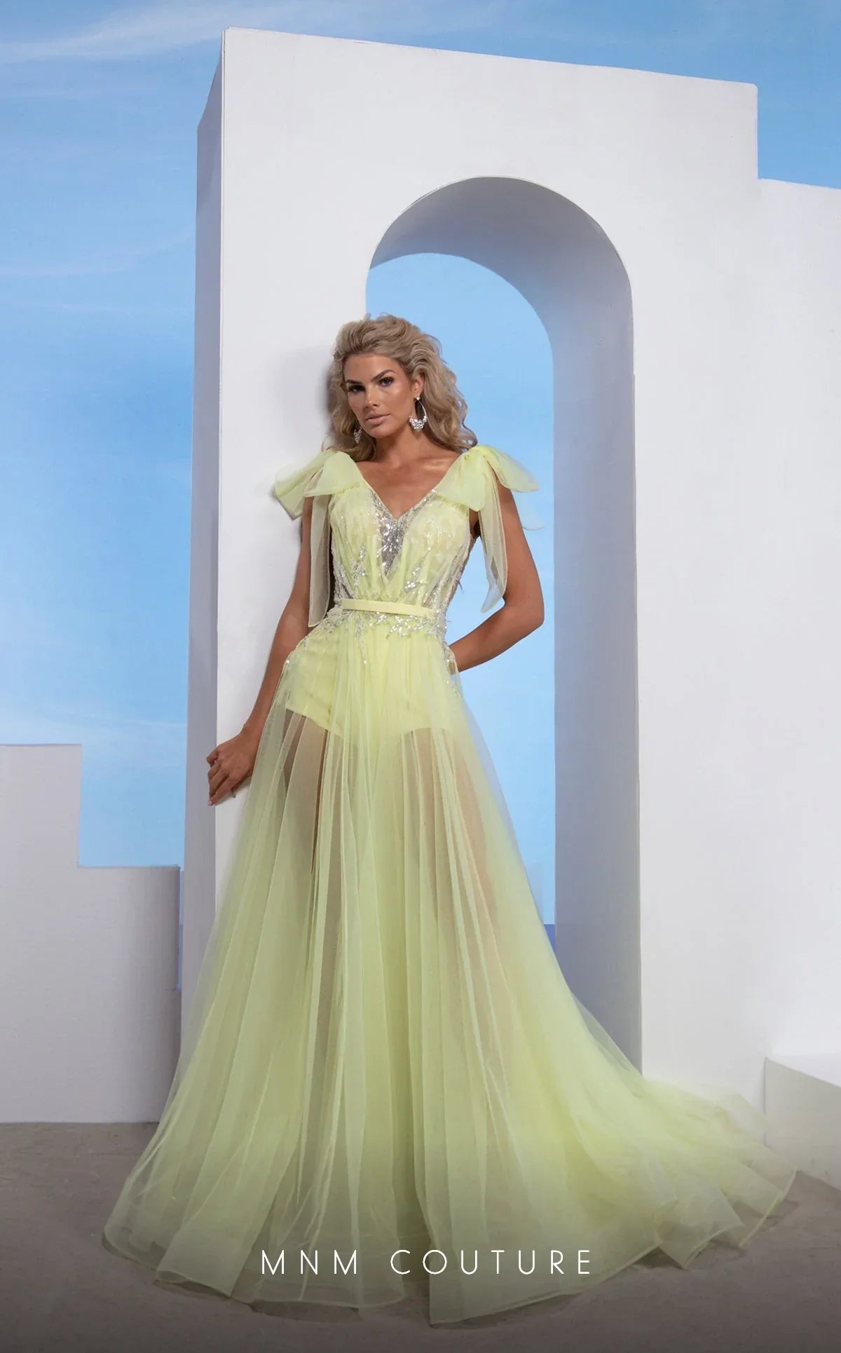 MNM Couture M0080 Draped V-Neck Sheer A-Line Gown in Yellow