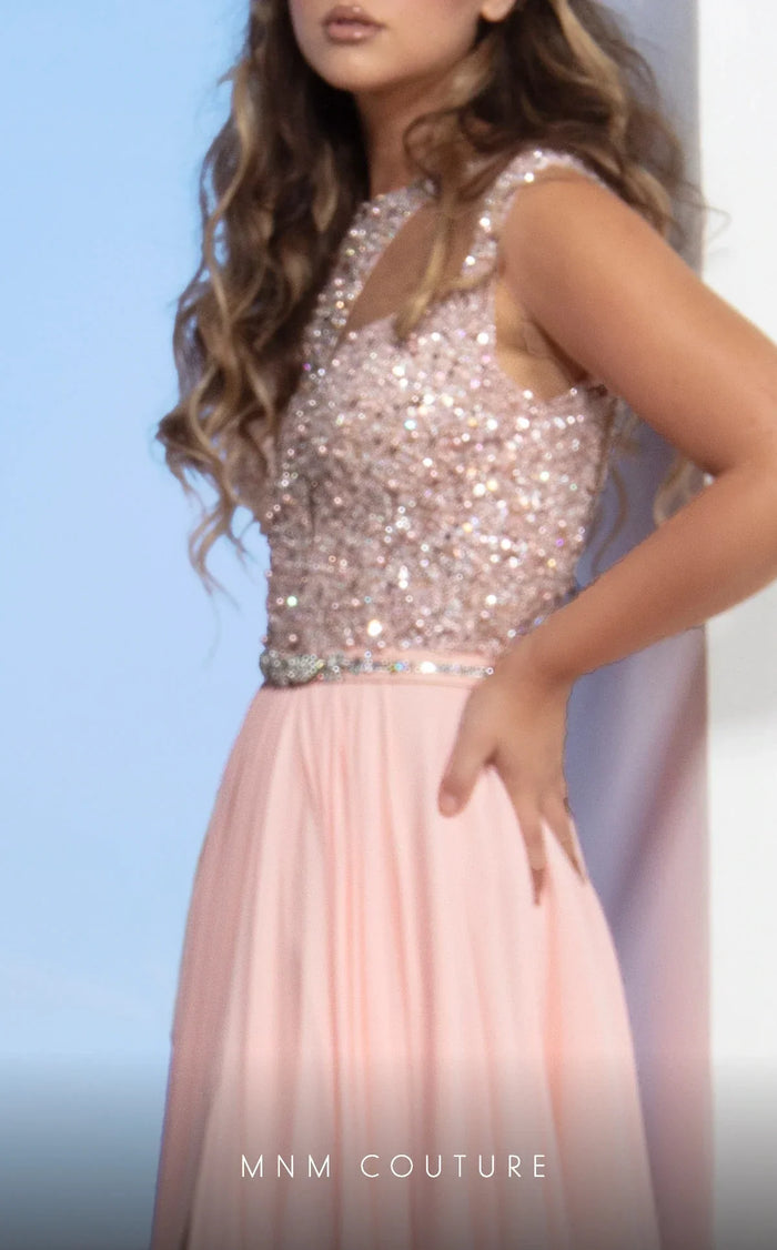 MNM Couture M0088 Peach High-Neck Chiffon Evening Gown