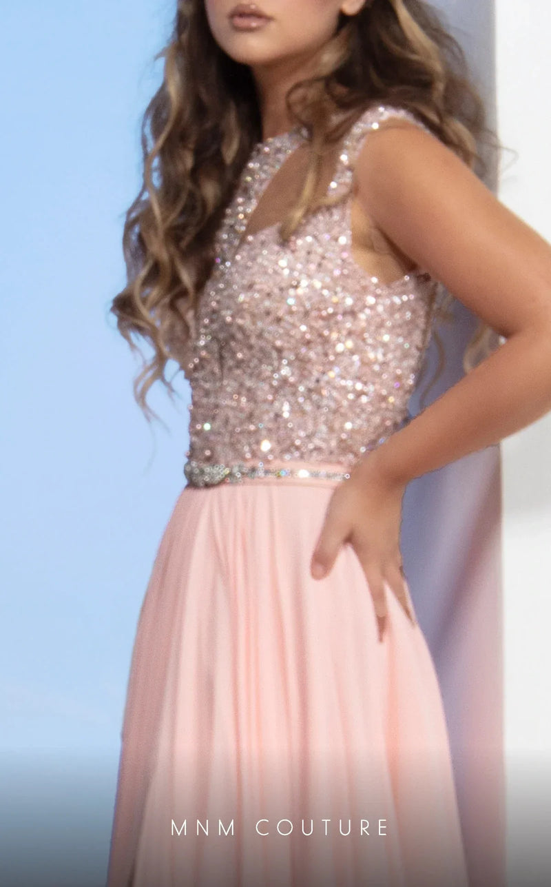 MNM Couture M0088 Peach High-Neck Chiffon Evening Gown
