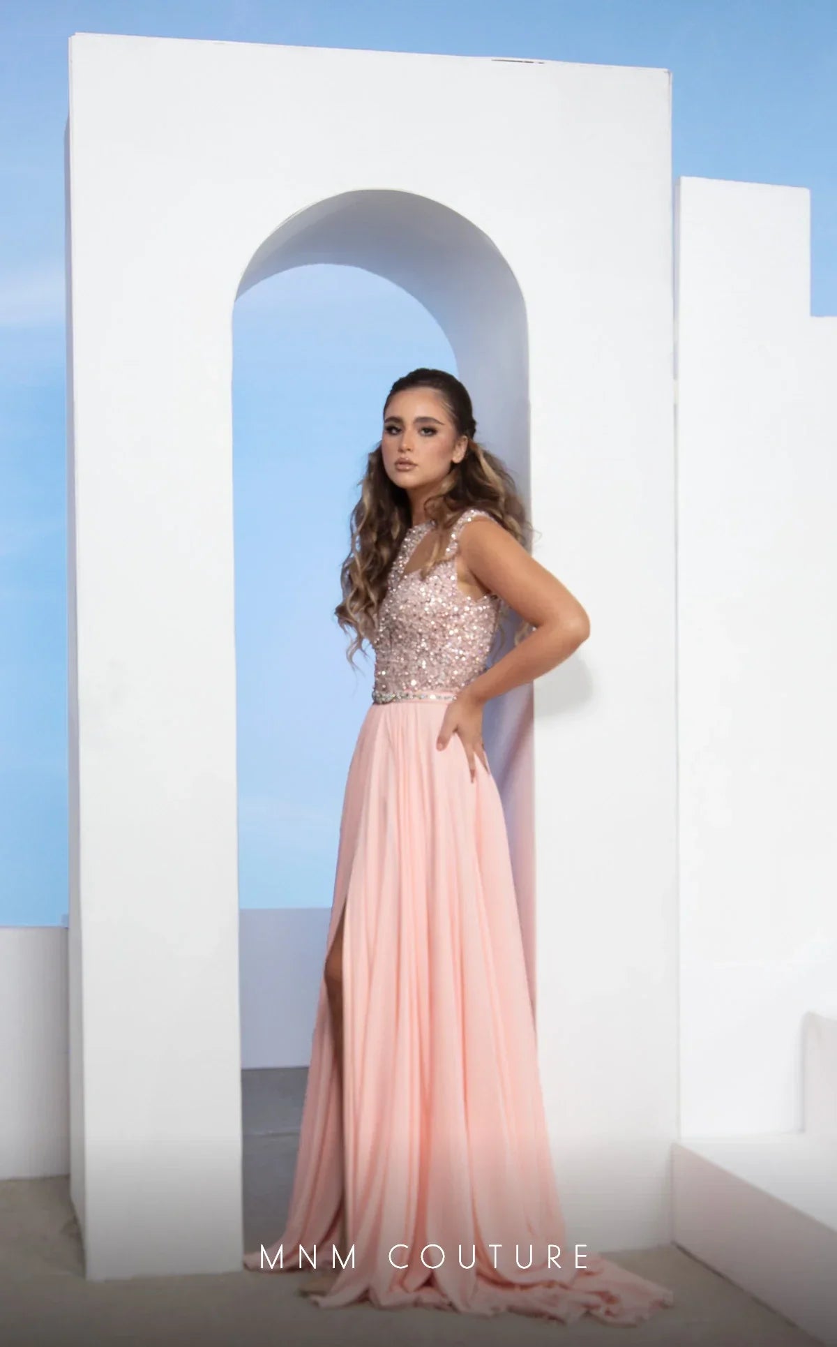 MNM Couture M0088 Peach High-Neck Chiffon Evening Gown