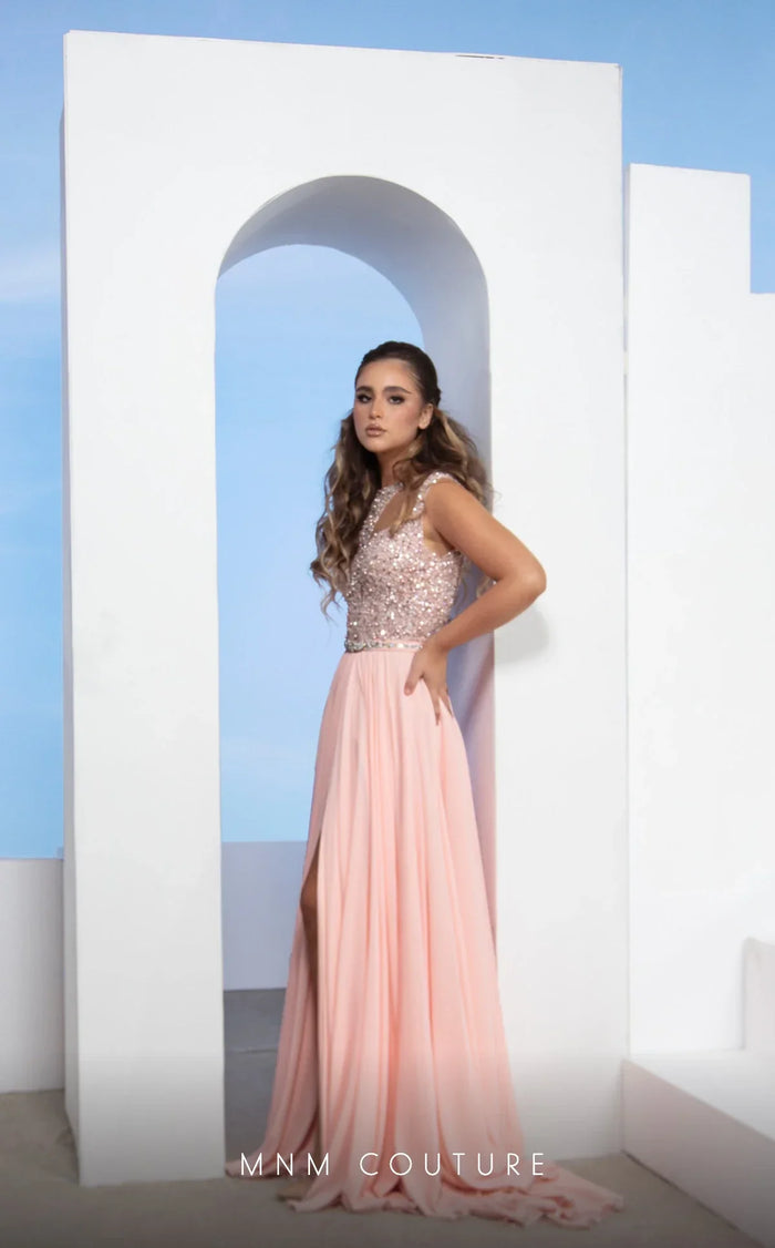 MNM Couture M0088 Peach High-Neck Chiffon Evening Gown