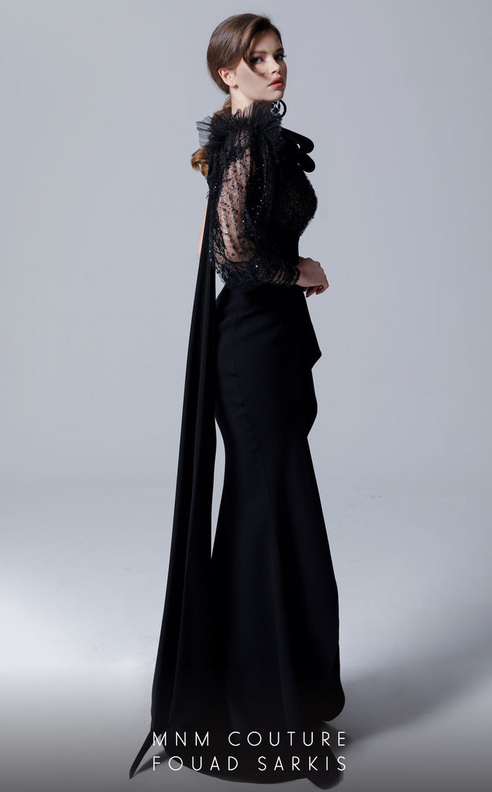 Fouad Sarkis 2690 Asymmetrical Lace & Draped Slit Gown
