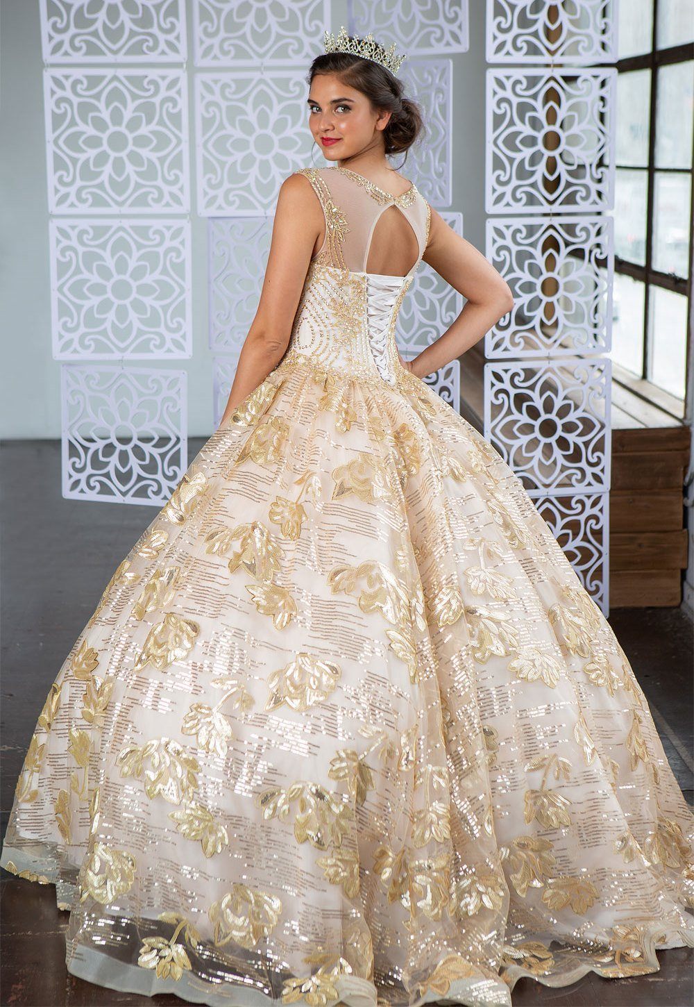 Champagne and Gold Quinceanera Dress Floral Sequin Illusion Ball Gown by Calla KY-77239